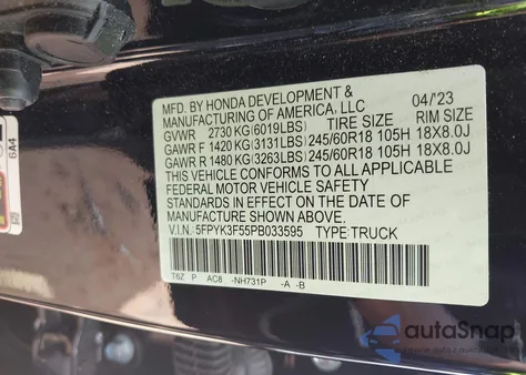 2023 Honda Ridgeline Rtl из США, поврежденный, VIN 5FPYK3F55PB033595